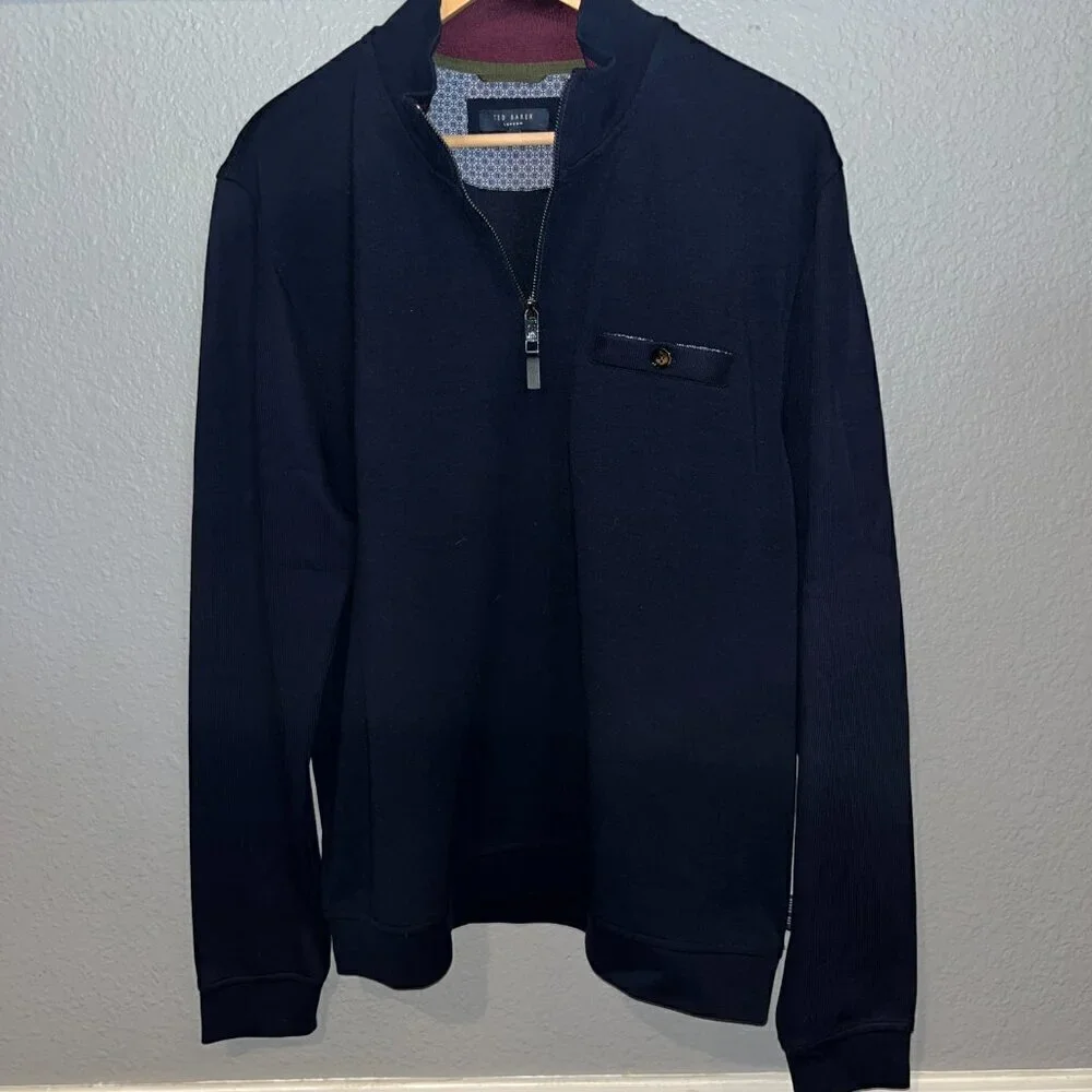TED BAKER London 1/4 Zip Pull-Over Sweater Jacket  - NWOT Size 6 = US 2XL - Navy